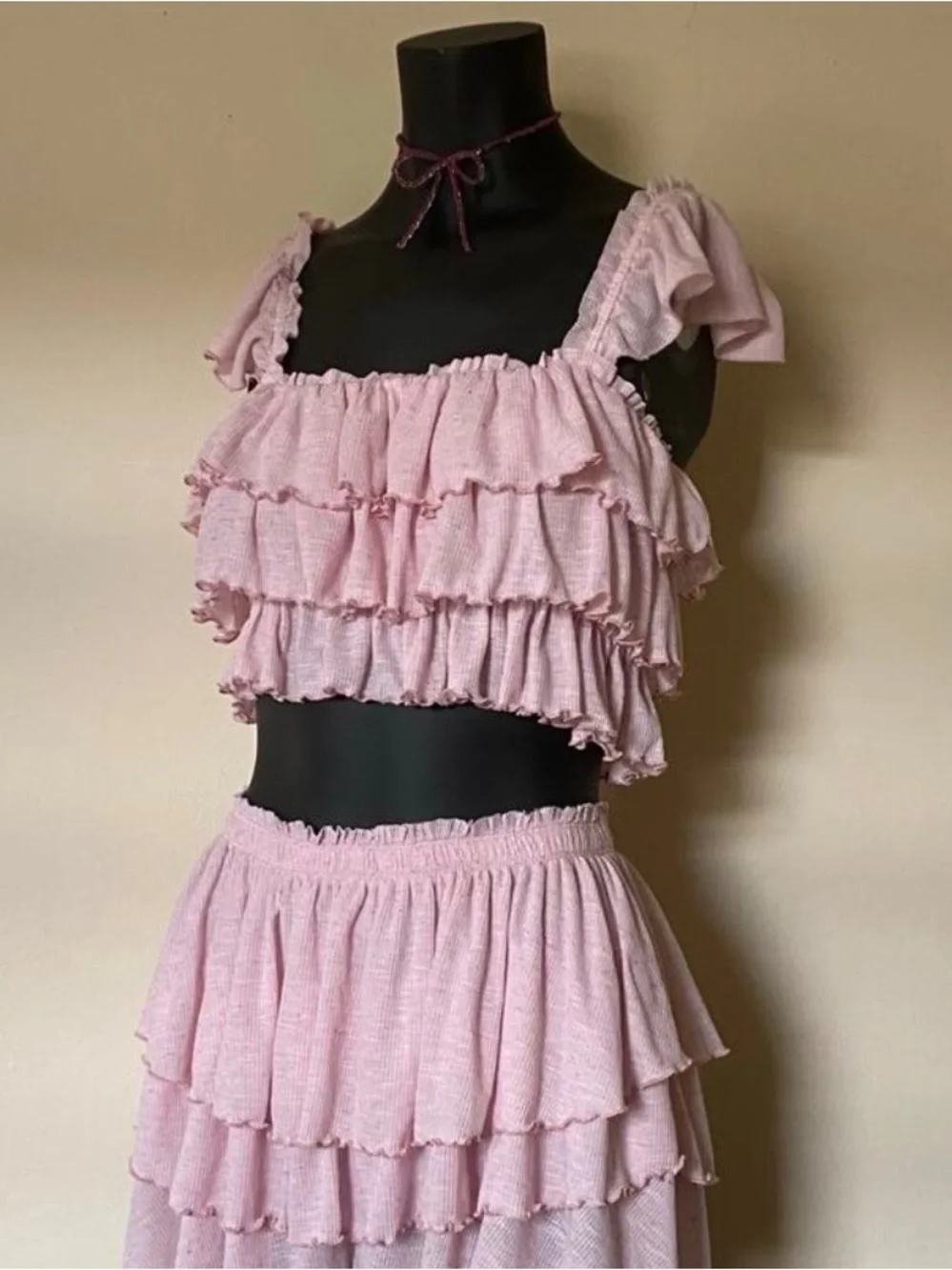 Free People Free-est Mila Tiered Ruffle Top Cami Off the Shoulder Pink Small - Picture 7 of 8